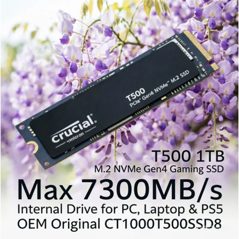 Crucial T500 1TB Gaming M.2 NVMe PCIe 4.0 SSD, 7300MB/s Max Speed, Fits PC, Laptop & PS5, OEM Original CT1000T500SSD8