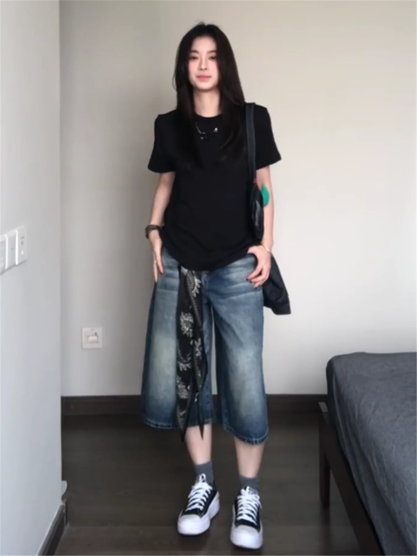 

Retro American Deep Blue Seven-Foot Denim Jeans Women Summer Loose Slimming Washed Vintage High Waist Cotton Pants