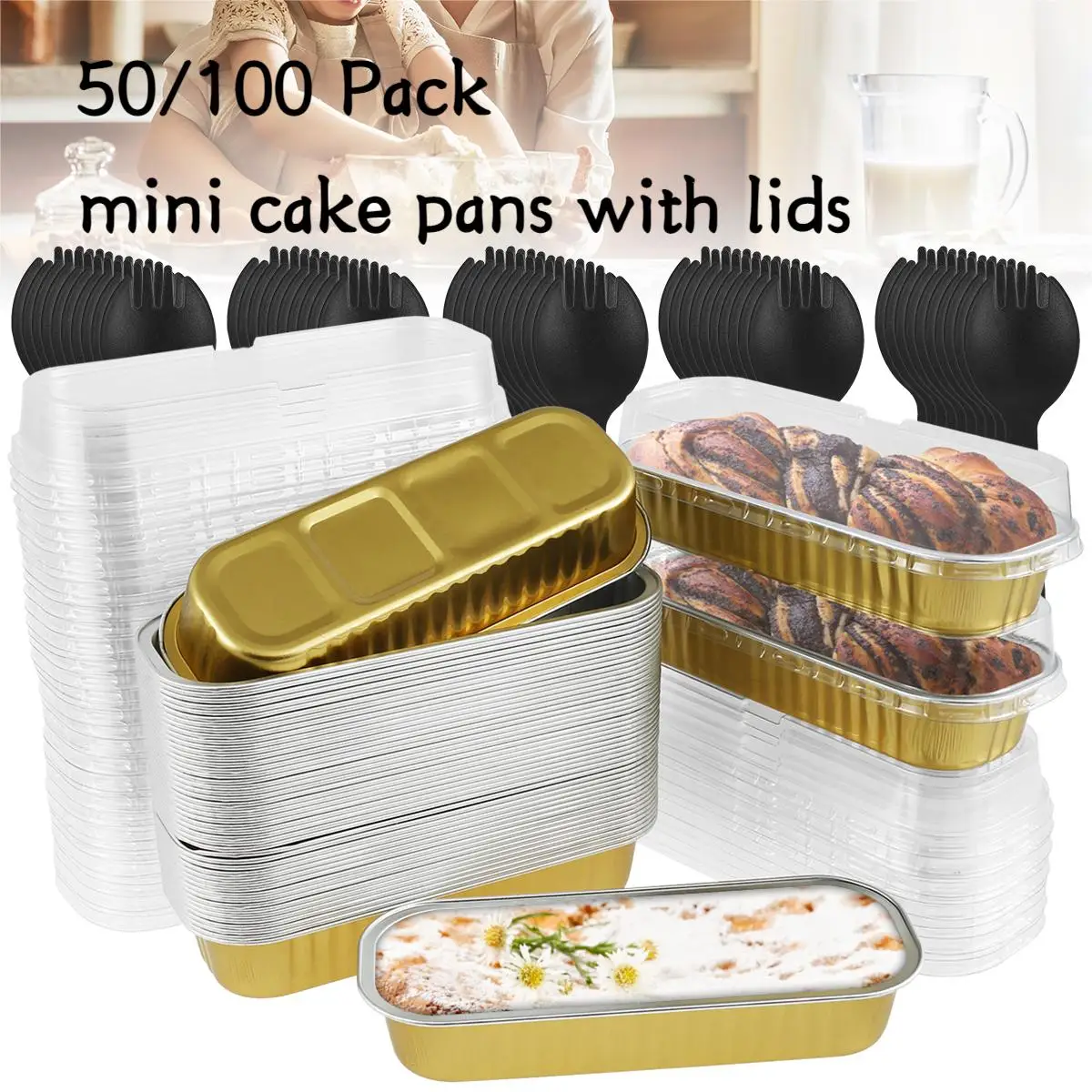 50/100Pack Mini Loaf Pans with Lids and Spoons 200ml Rectangle Aluminum Foil Oven Cake Container Baking Bread Muffin Dessert Tin