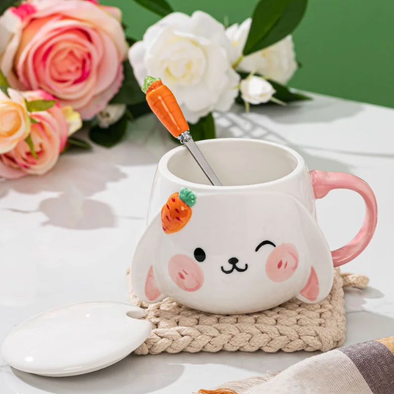 Hand-Painted Rabbit Ceramic Mug with Lid, Water Cup, Cute Style, Couple Gift, Breakfast, Kitchen, Large-Capacity, Home Fashion