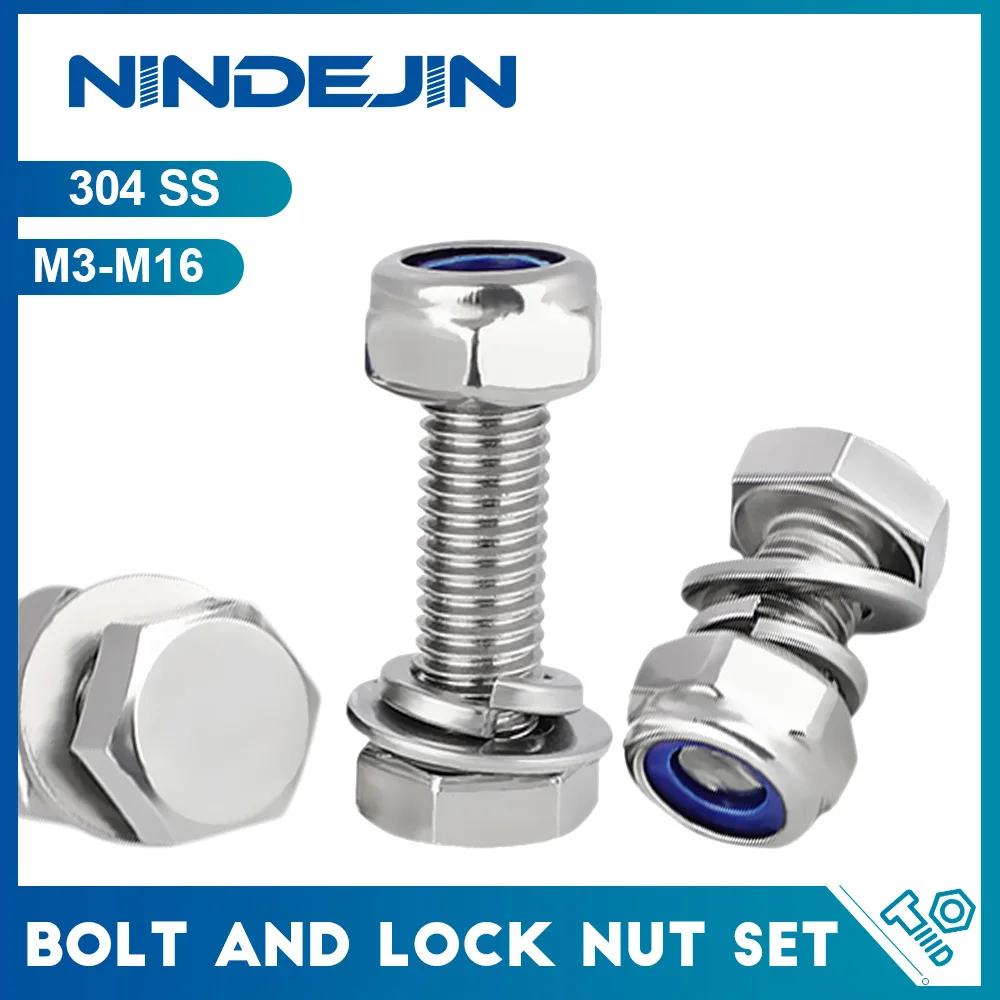 Hexagon Head Bolts and Lock Nuts Washers Set Stainless Steel Hex Head Screws With locknut Kit Spring Washers M4 M5 M6 M8 M10 M12