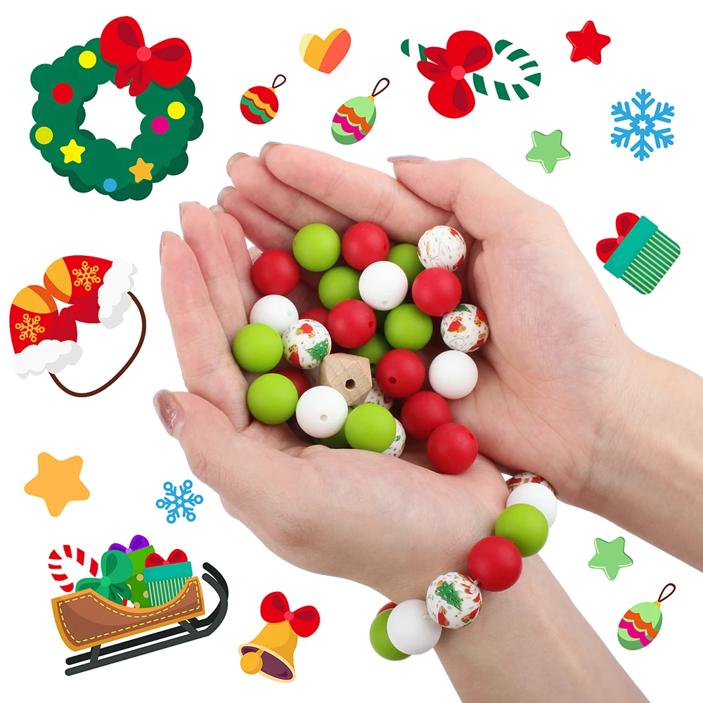 31pcs Christmas Silicone Beads Round Focal Loose Beads Set For Jewelry Making DIY Beadable Pen Keychain Handmade Accessories