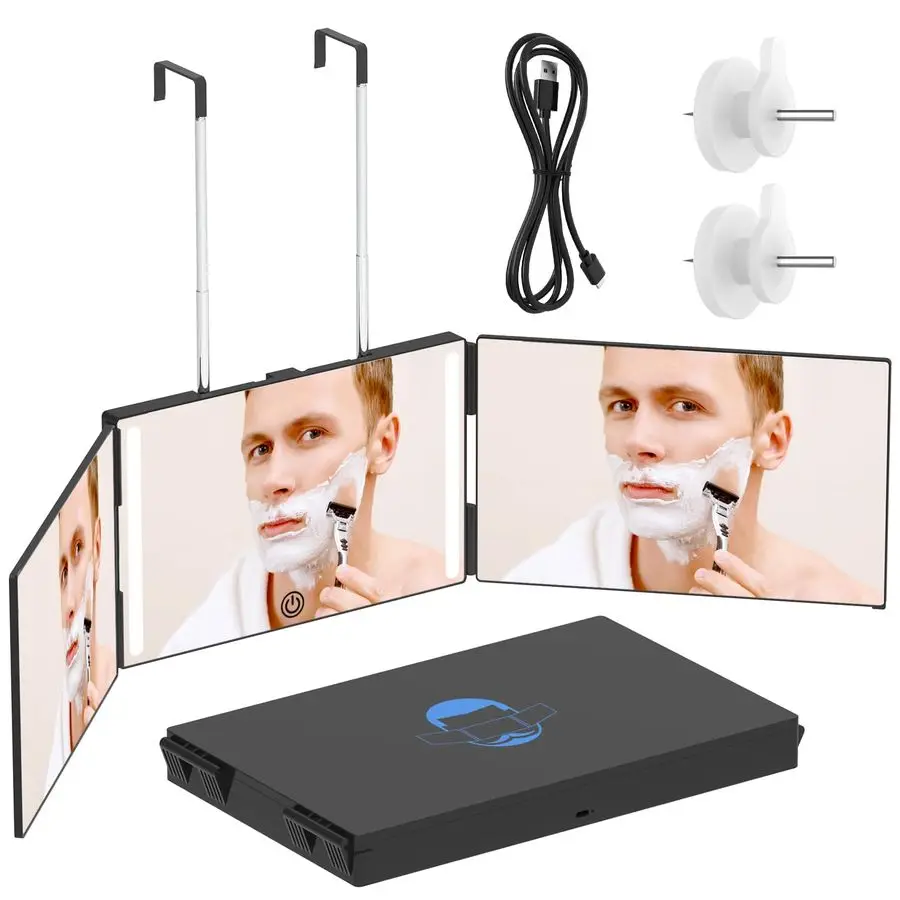 3 Way Mirror with LED for Hair Cutting, Trifold Mirror for Shaver and Makeup, Adjustable Telescoping Hookswith LED Version