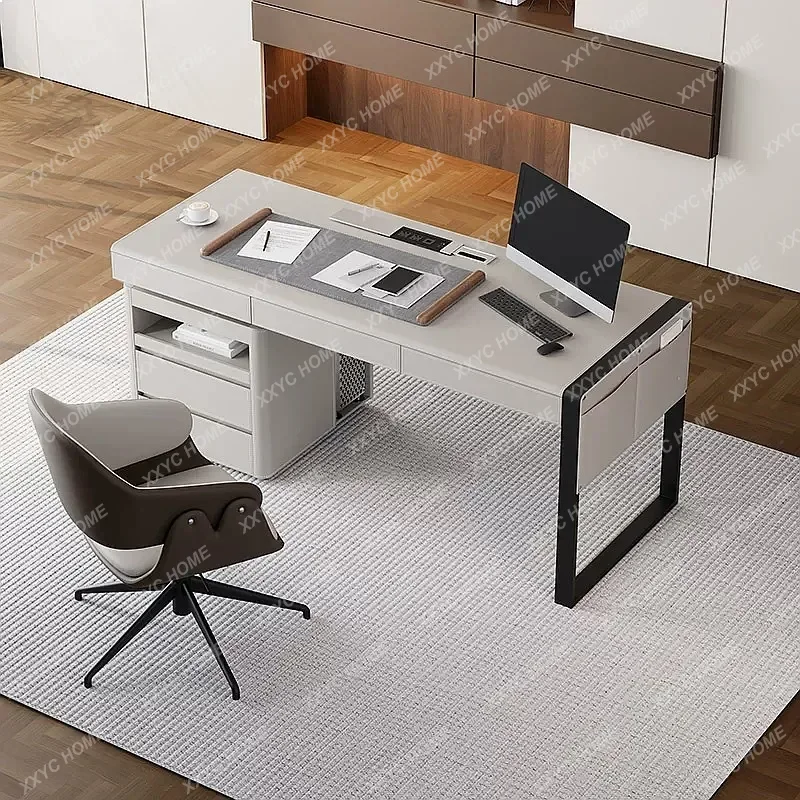 XXSaddle Leather Computer Desk Minimalist Home Office Writing Table Solid Wood Desk New