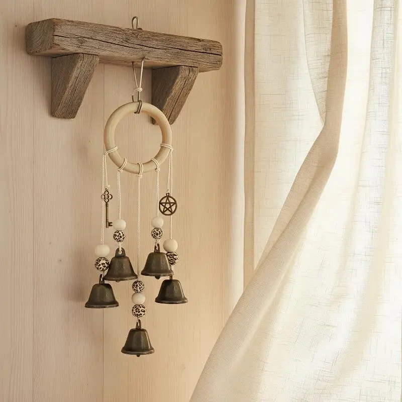 Handcrafted Bohemian Wind Chime Natural Wooden Hoop Vintage Metal Bells Rustic Style for Garden Yard Home Hanging Decor