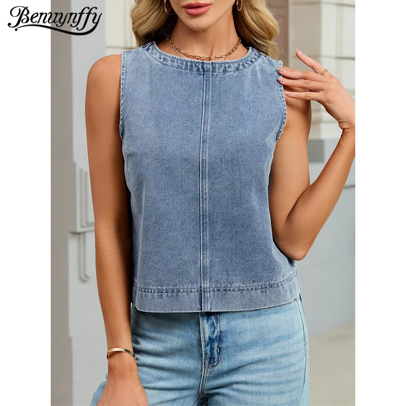 

Benuynffy Casual Round Neck Denim Vest Women Summer 2026 New Fashion Vintage Solid Color Back Zipper Short Jean Tops Female