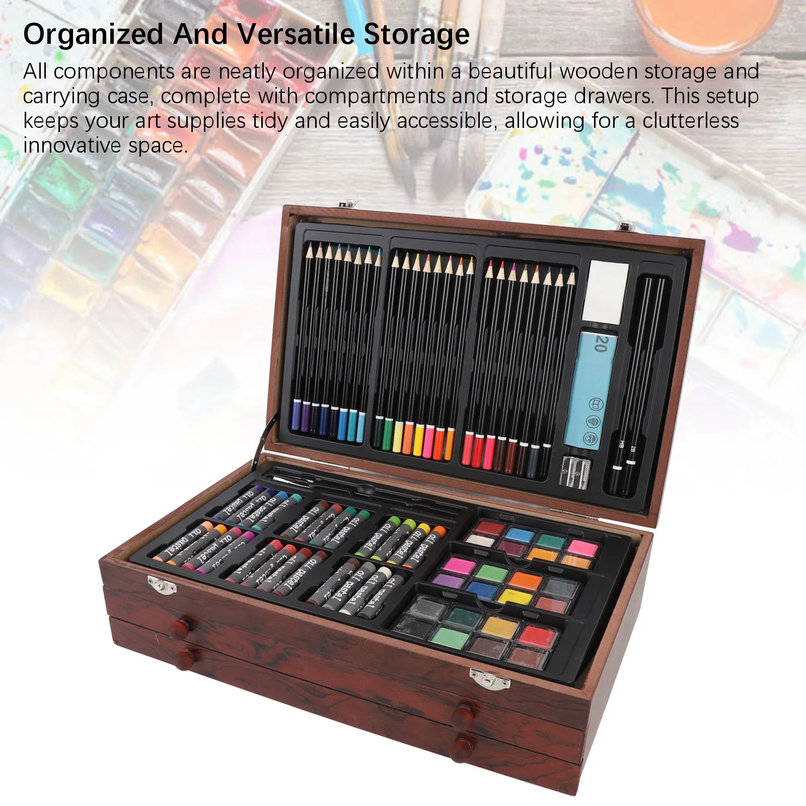طقم رسم فني مكون من 142 قطعة، صندوق خشبي، مجموعة رسم ورسم، صندوق تخزين محمول قابل للطي، مجموعة توفير المساحة للمدرسة #2