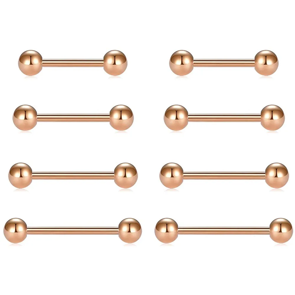 WKOUD 2PCS Nipple Rings Tongue Rings Stainless Steel Straight 16G Barbells Piercing Jewelry Rose Gold 12mm 14mm 16mm 18mm Bar