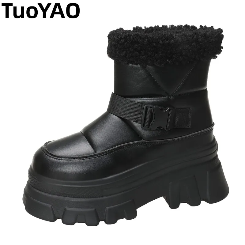 

New Winter Women Warm Snow Boots 8CM Heels Chunky Fur Sneakers Comfortable Casual Leather Cotton Shoes Female Plush Short Boot