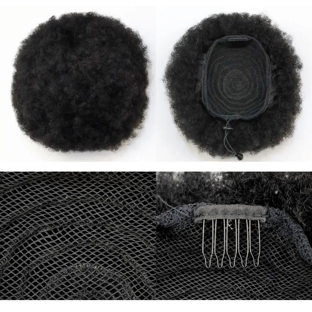 6 Inch Afro Puff Drawstring Ponytail - 100% Human Hair Curly Ponytail Extension, Machine-Made Clip-In Ponytail with 2 Clips
