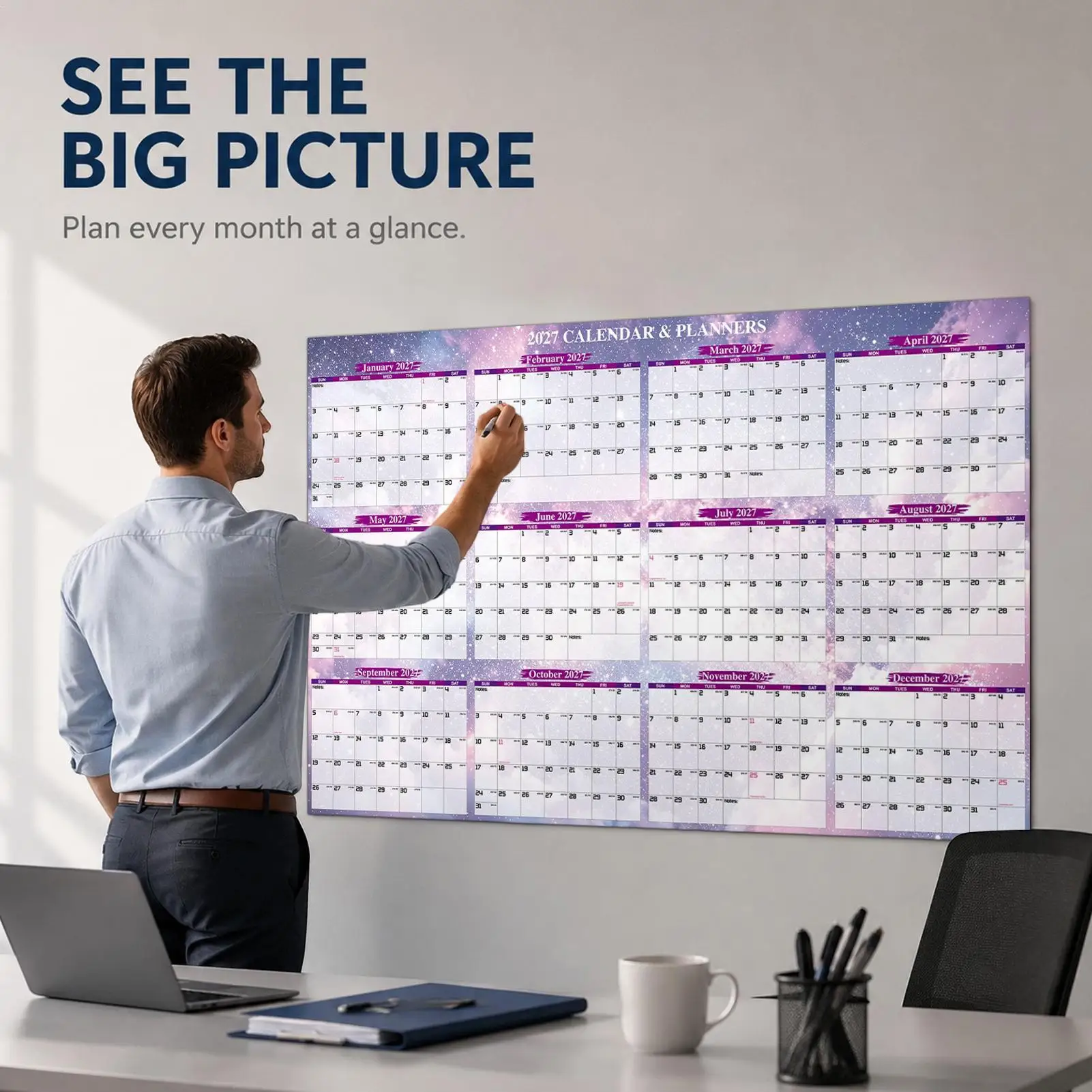 Dry Erase Calendar 2027 12 Month Large Wall Planner Erasable Monthly Whiteboard Calendar with 2 Pens, Annual Organizer