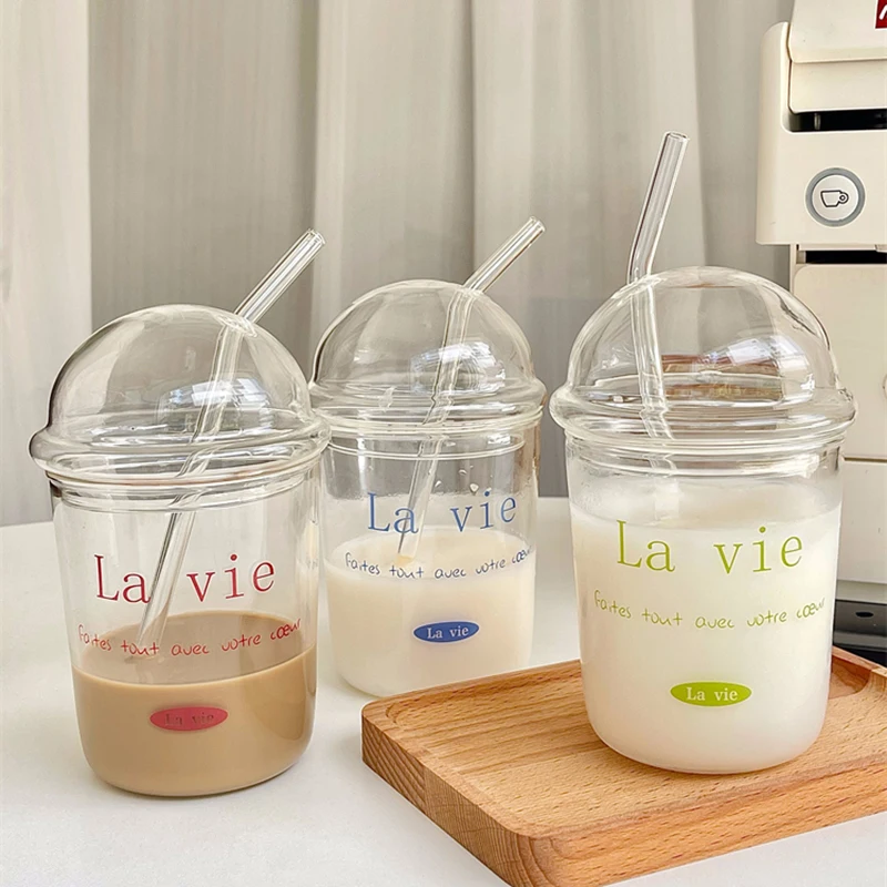 

450ml Ins French Style Glass Cup with Straw Lid Bobo Cup Coffee Milk Water Tea Cup Wedding Gifts Dropshipping