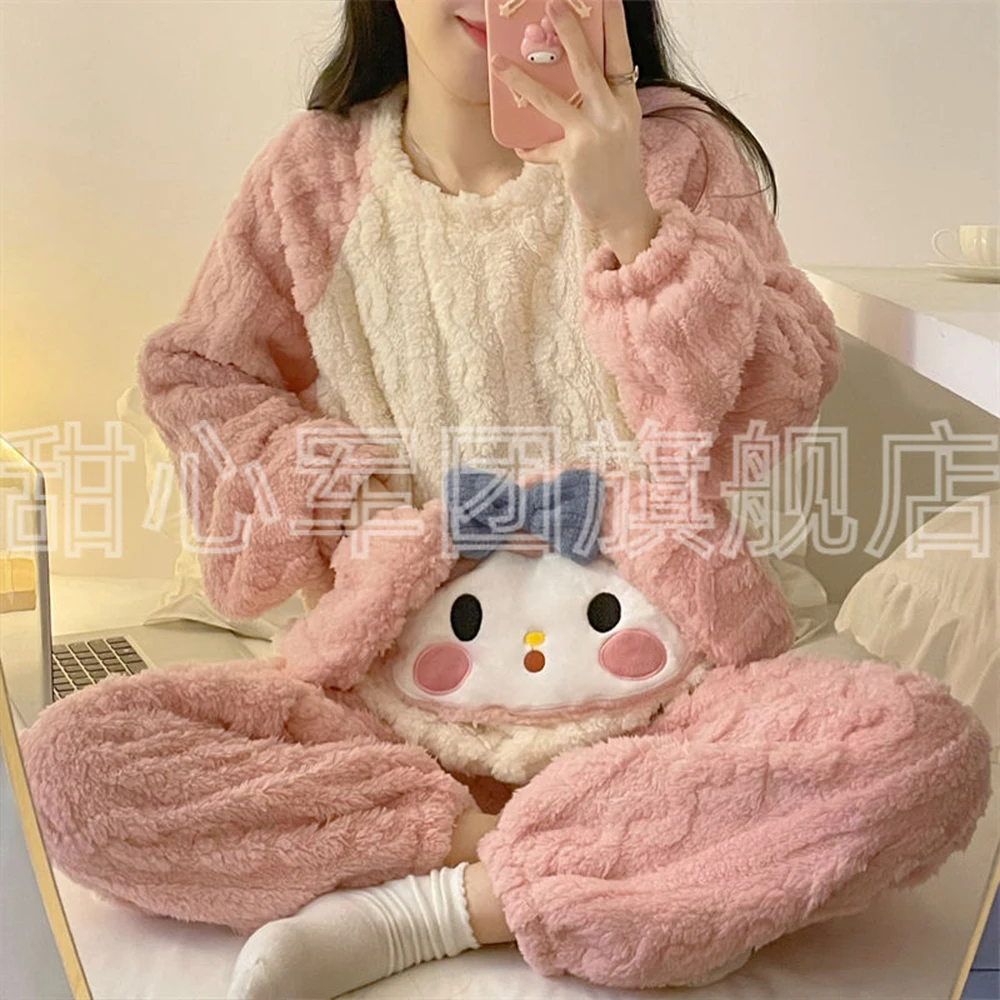 

2Pcs Women's Plush Pajama Set Cartoon Hello Kitty Sanrio My Melody Kawaii Winter Cartoon Thicken Warm Home Clothes Soft Sweet