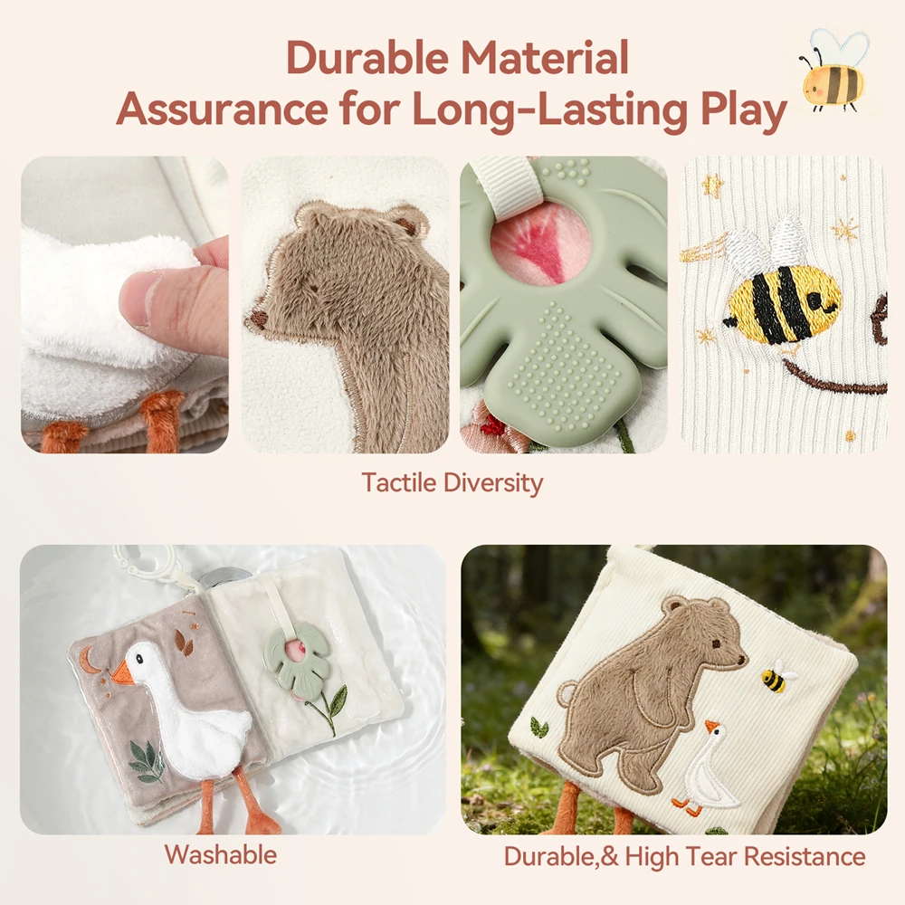 Baby-Sensorik-Spielzeug, beruhigendes, weiches Plüsch-Stoffbuch, Rassel, Beißring, 0-12 Monate, fördert die taktile und motorische Entwicklung, frühpädagogisches Spielzeug für die frühe Kindheit. – Detail 5
