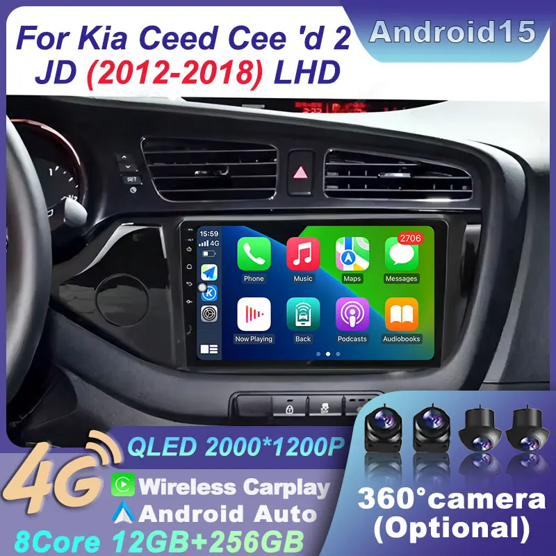 Navigation For Kia Ceed Cee'd 2 JD 2012-2018 GPS CarPlay 4G Video Stereo 2K QLED Car Radio BT Android 15 Video Player Multimedia
