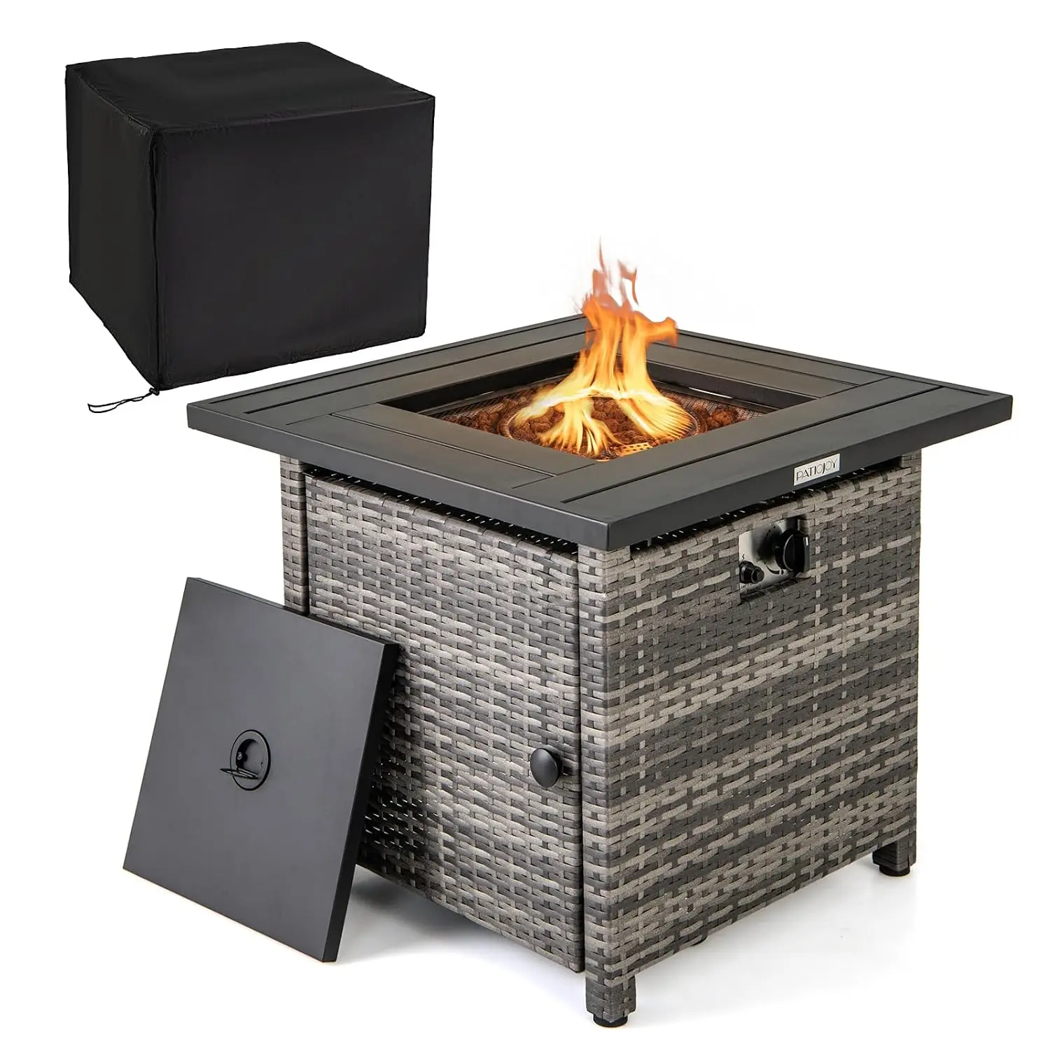 29 Inch Rattan Propane Fire Pit, 50000 BTU Square Fire Pit with Rocks & Cover, Metal Frame for Backyard Poolside, Customized