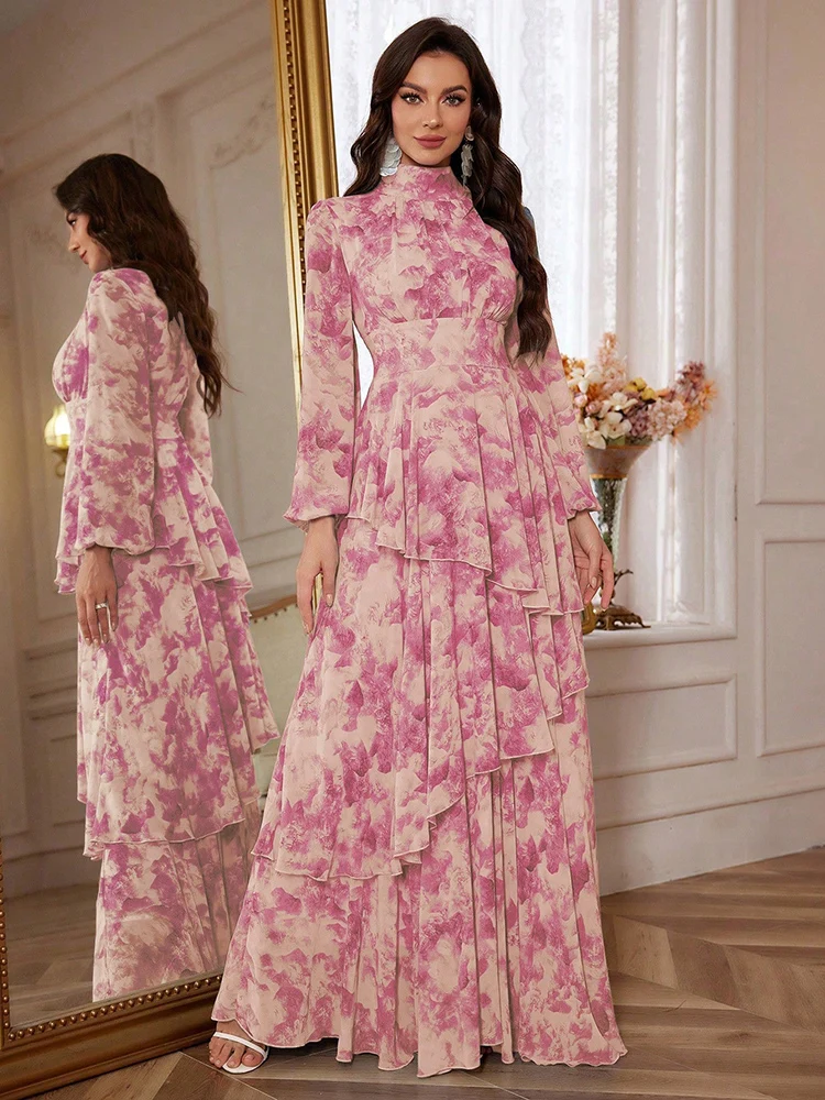 TOLEEN Women Floral Print Lantern Sleeve Ruffle Trim Chiffon Dress 2024 Spring Summer Casual Elegant Formal Party Maxi Dresses