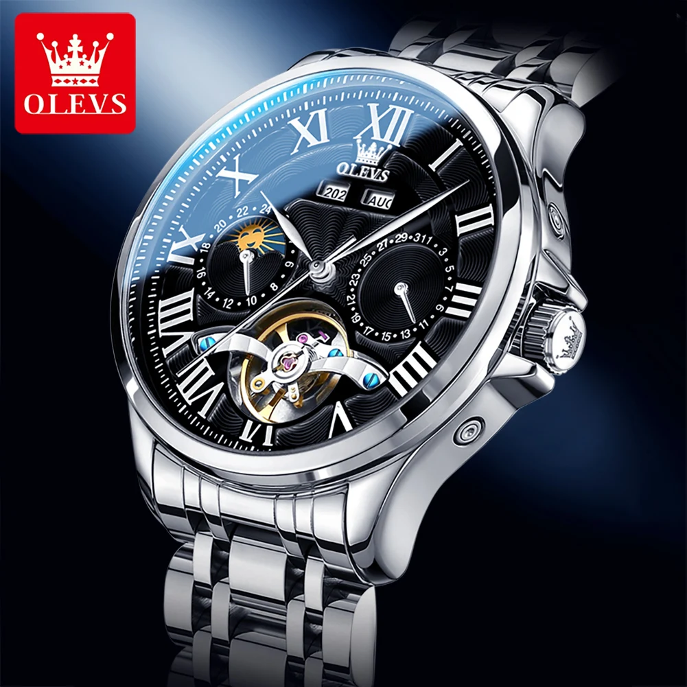 OLEVS 7013 Mens Watch Original Waterproof Multifunctional Luminous Automatic Mechanical Watch Moon Phase Watches Luxury Men