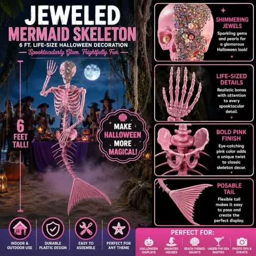 6 ft. Pink Life-Size Jeweled Mermaid Plastic Skeleton Halloween Decoration