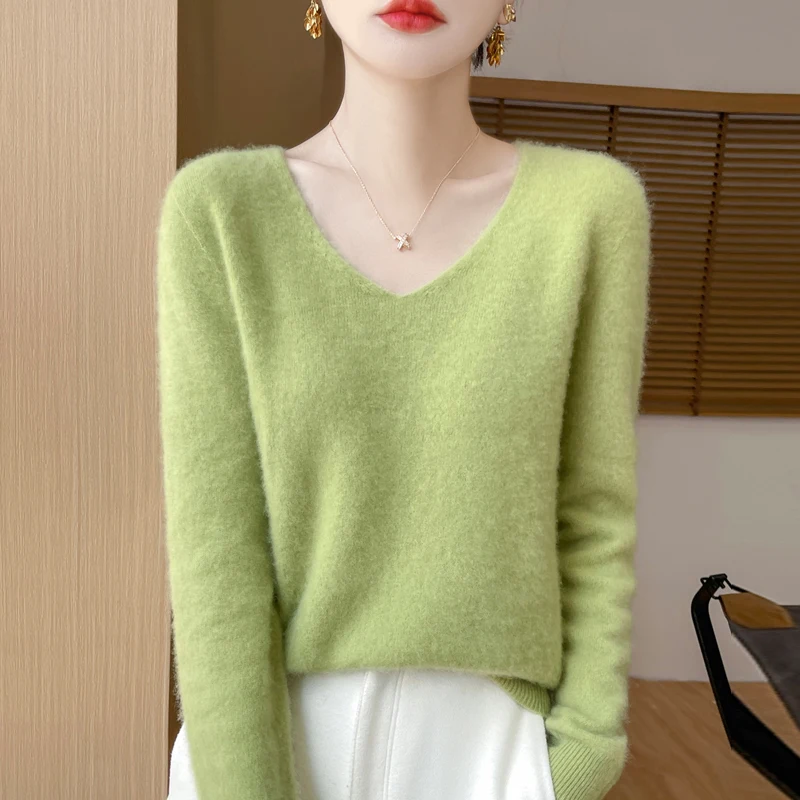 DjzDsm 100% Merino Wool New V-Neck Sweater Women Loose Solid Color Pullover Base With Warm Autumn And Winter Top