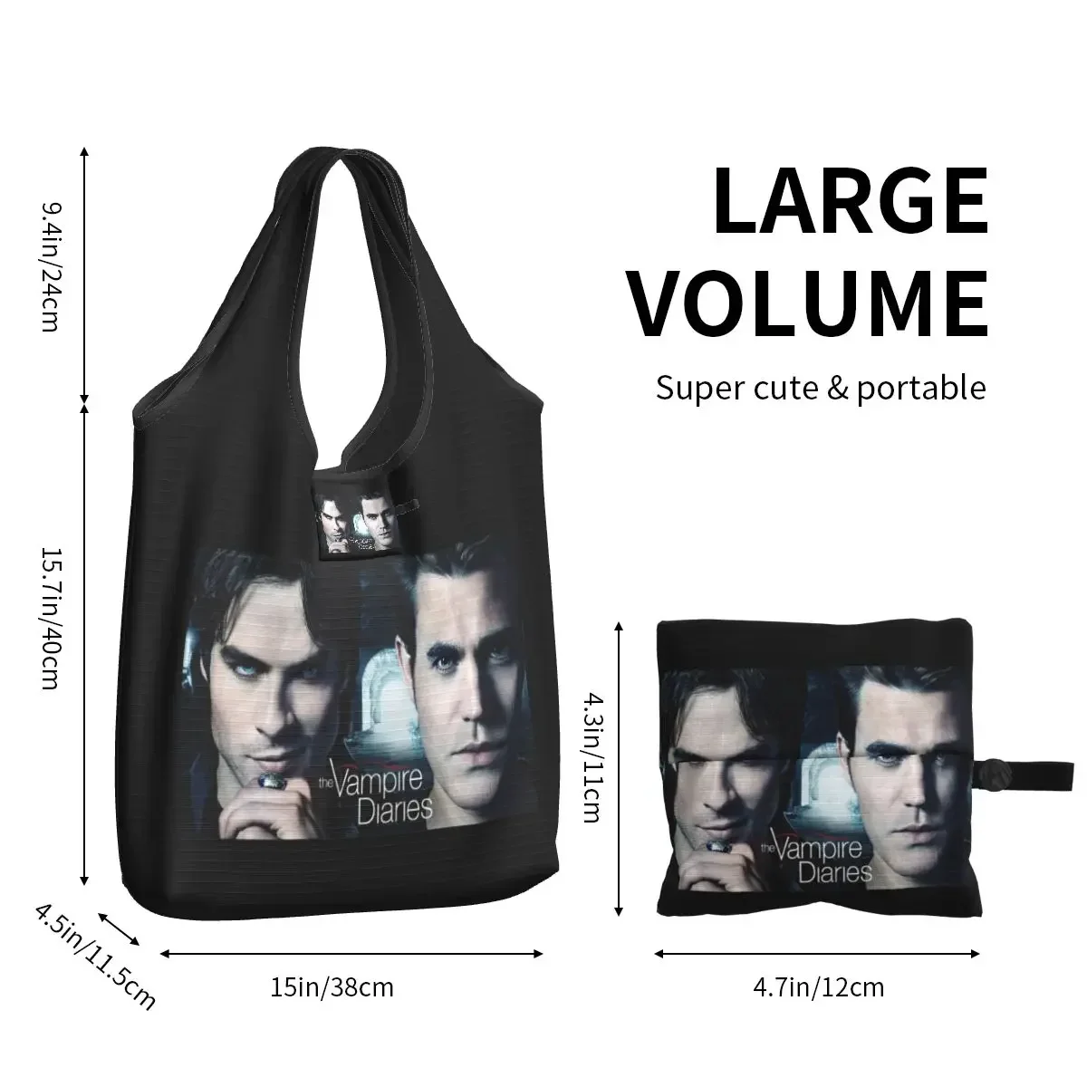 Bolsa de comestibles reutilizable The Vampire Diaries, bolsas de compras lavables a máquina, bolso de almacenamiento ecológico grande, bolso adjunto