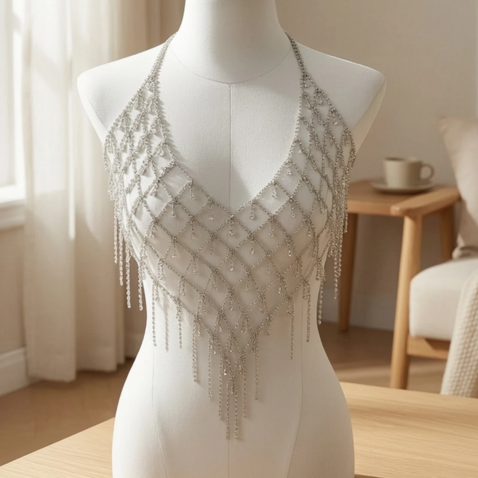 Body Chain with Teardrop Pendants Glittering Rhinestone Body Chain Jewelry Statement Lightweight for Swimwear Layering, Beach