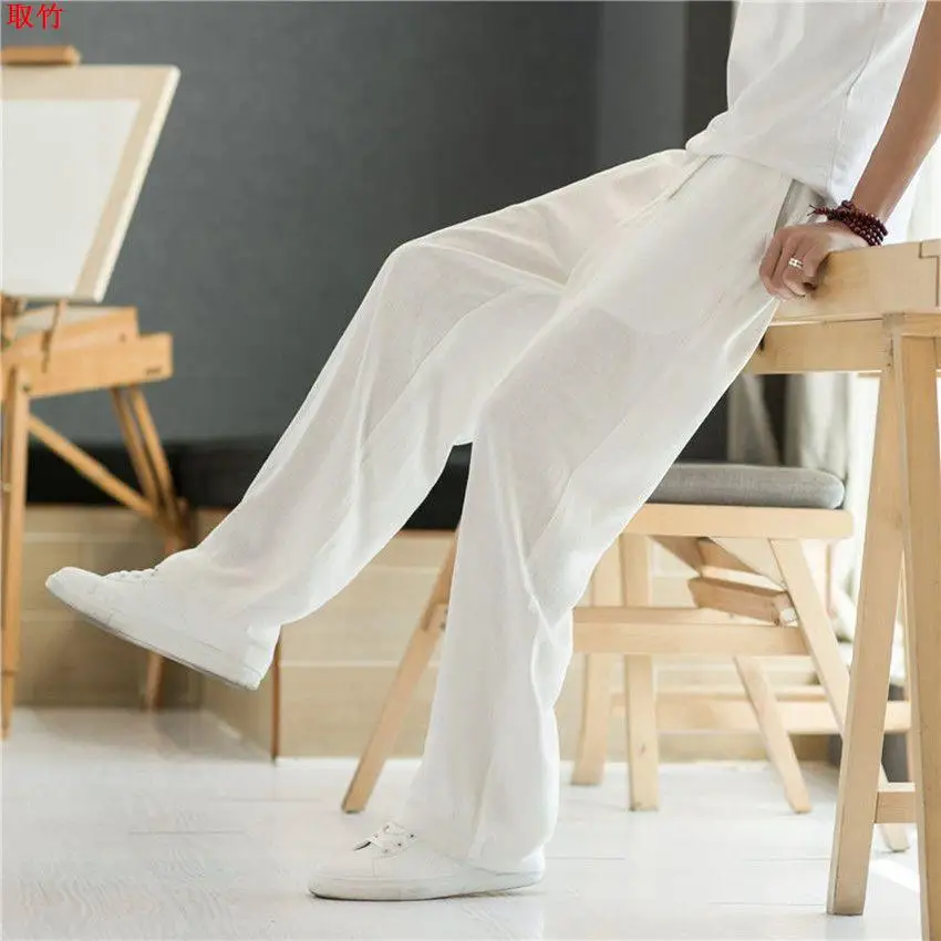 

Casual Cotton Linen Men's Straight Leg Pants Loose Wide Leg Soft Comfortable Leisure Trousers for Daily Wear All Seasons