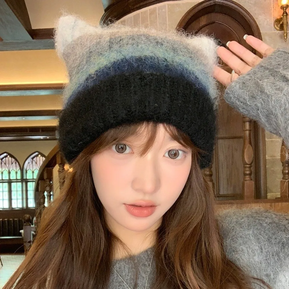 

Casual Colored Cat Ears Pullover Hat Gradient Rainbow Woolen Knitted Hat Ear Protection Y2k Striped Bucket Hat Autumn Winter