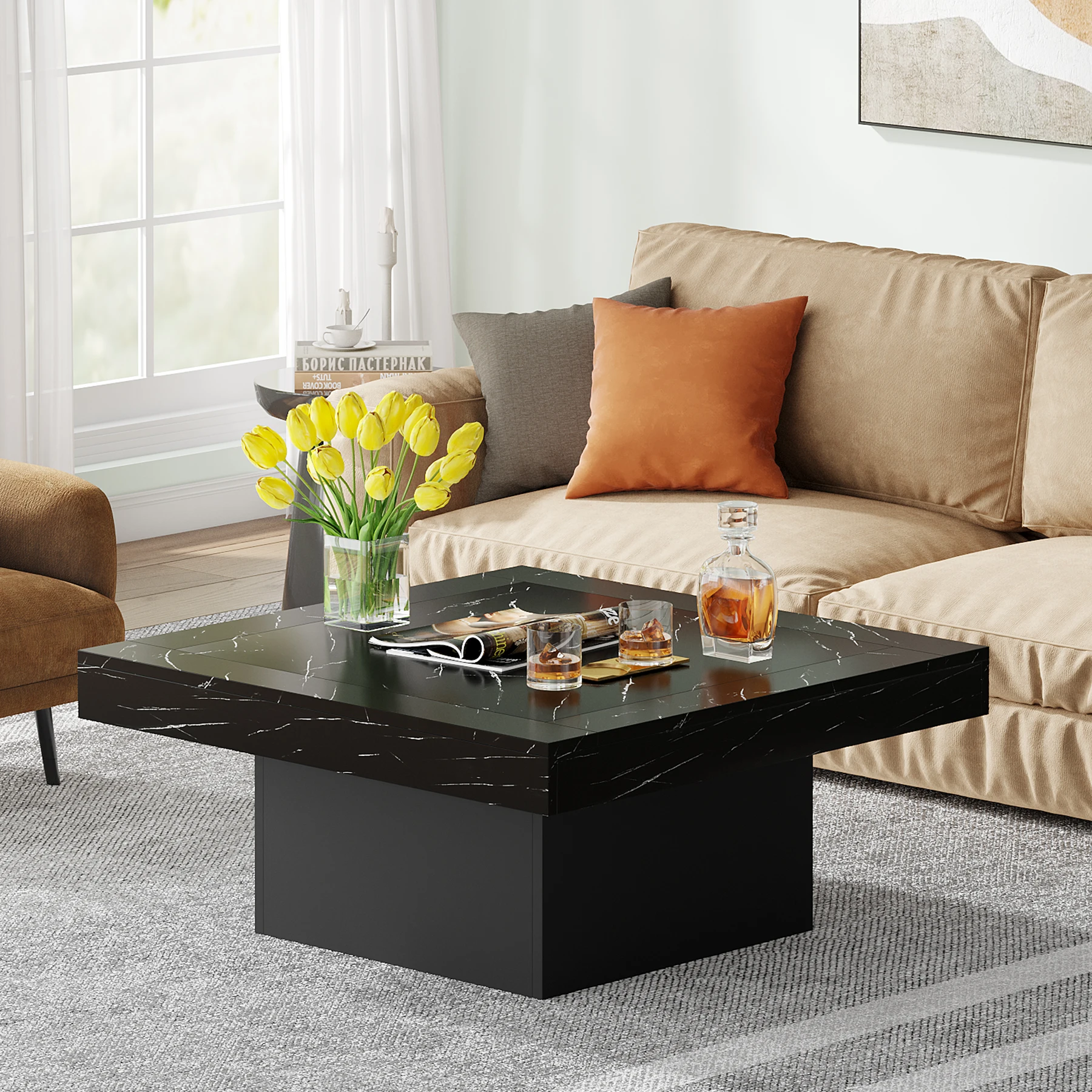 Tribesigns Square LED Coffee Table Grey and White Engineered Wood Coffee Table Low Coffee Table for Living Room