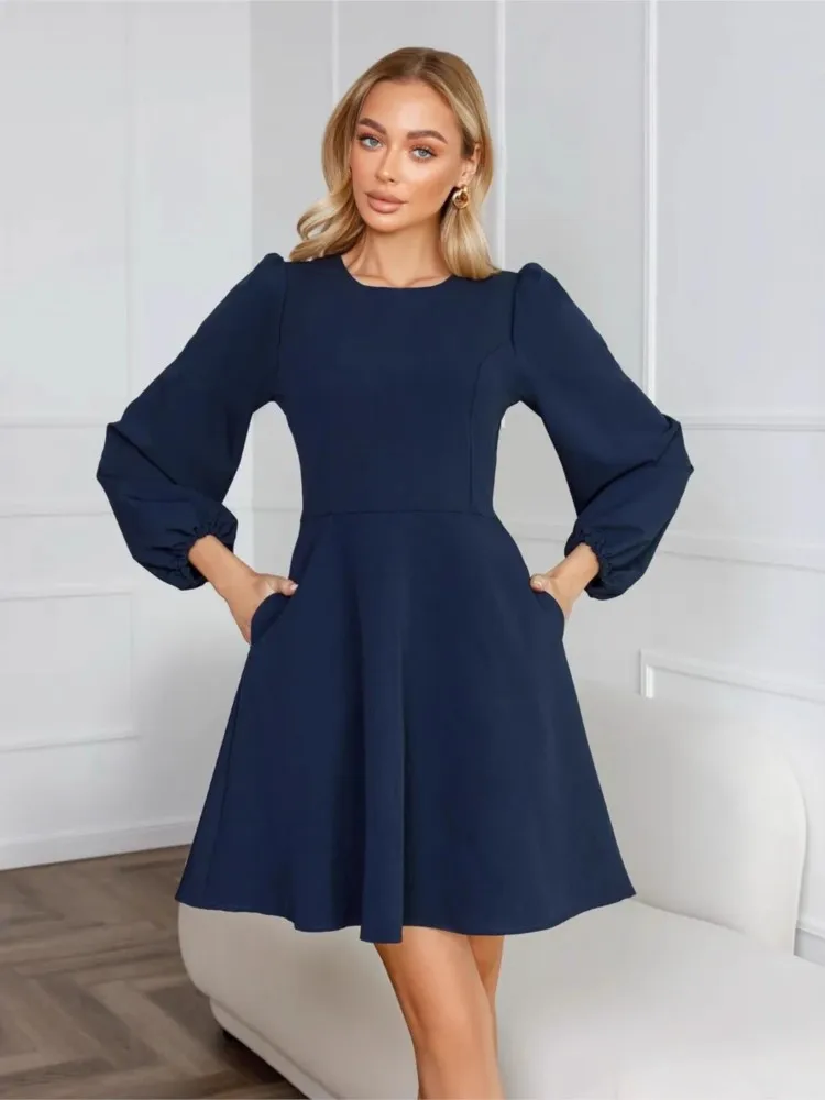 

2025 Autumn Elegant Evening Dress Temperament Vestidos Commuting Dresses For Woman Puff Sleeves French Solid Color Simple Style