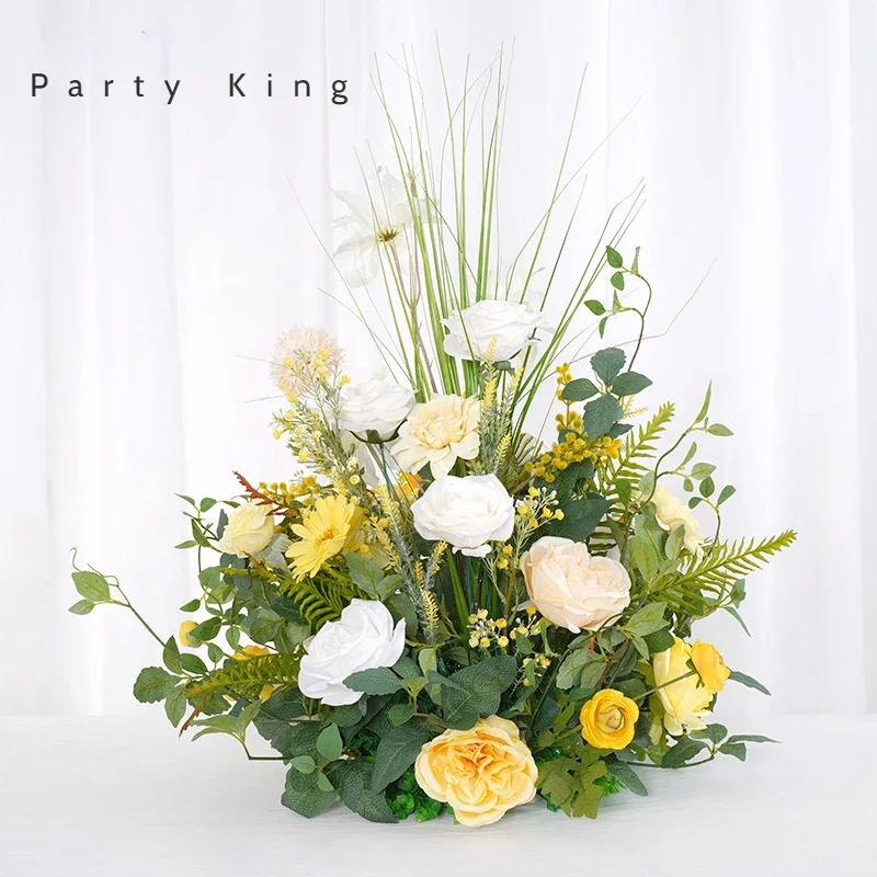 Yellow and White with Green Plants Artificial Flower Ball Wedding Decoration Table Centerpiece Flower Decoration Event Props