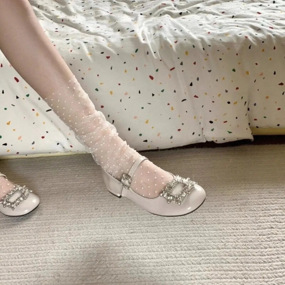 1 Pair Thin Crystal Silk Tulle Lace Socks Summer Thin Polka Dots Design Polka Dots Socks Korean Style Pile-up Socks Casual Wear