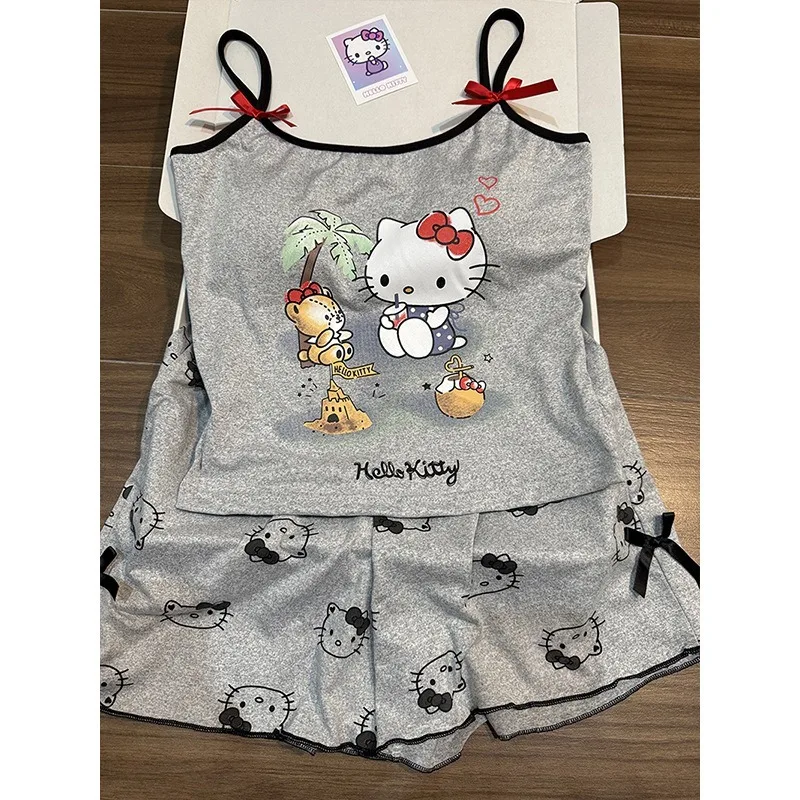 

Kawaii Hello Kitty Pajama Set with Chest Mat Summer Cute Strap Shorts Home Casual Cartoon Anime Women Products Student Wholesale
