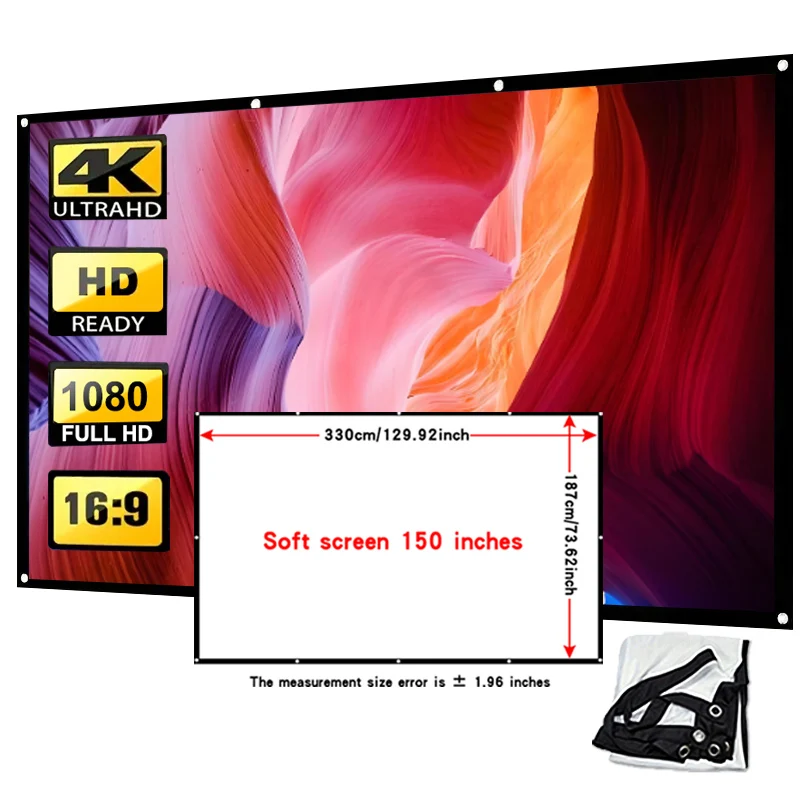 150인치 16:9 양면 투사 기능을 갖춘 간편한 휴대용 스크린 프로젝터로, 실내외 및 홈시어터에 적합합니다.