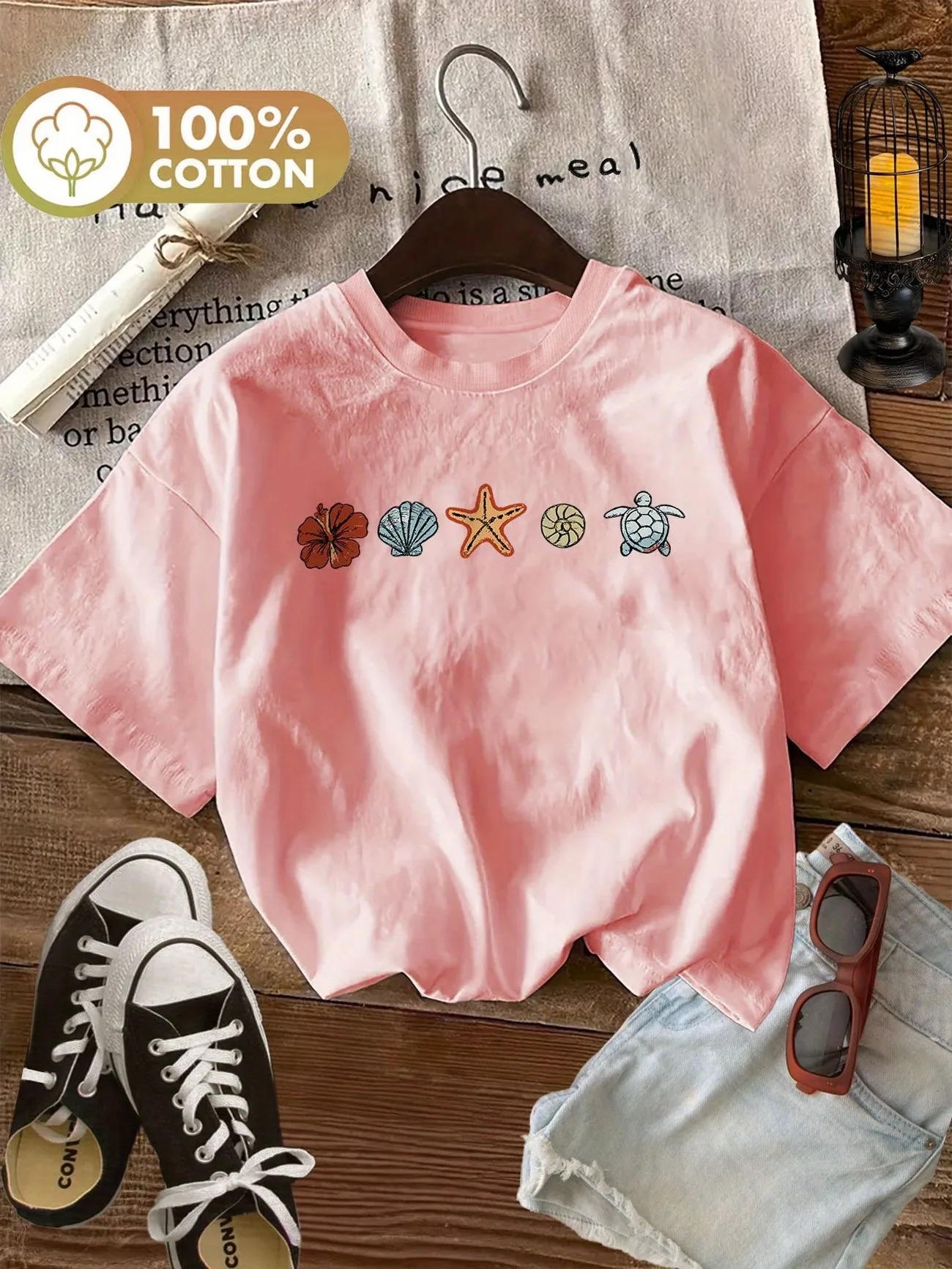 Vintage Colorful Ocean Shell Graphic T Shirt Cotton Women Summer Retro Aesthetic Harajuku Streetwear Style Casual Short Sleeve