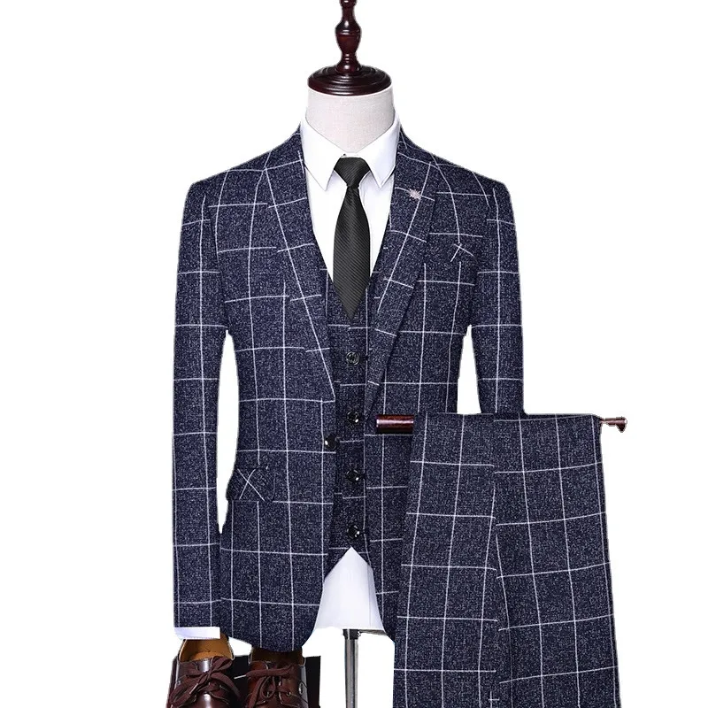 

(Jackets+Vest+Pants) 2023 Men Tuxedo Plaid Business Blazers/Male Slim Pure Cotton Three-Piece Suit/Man Plaid Groom Dress S-4XL