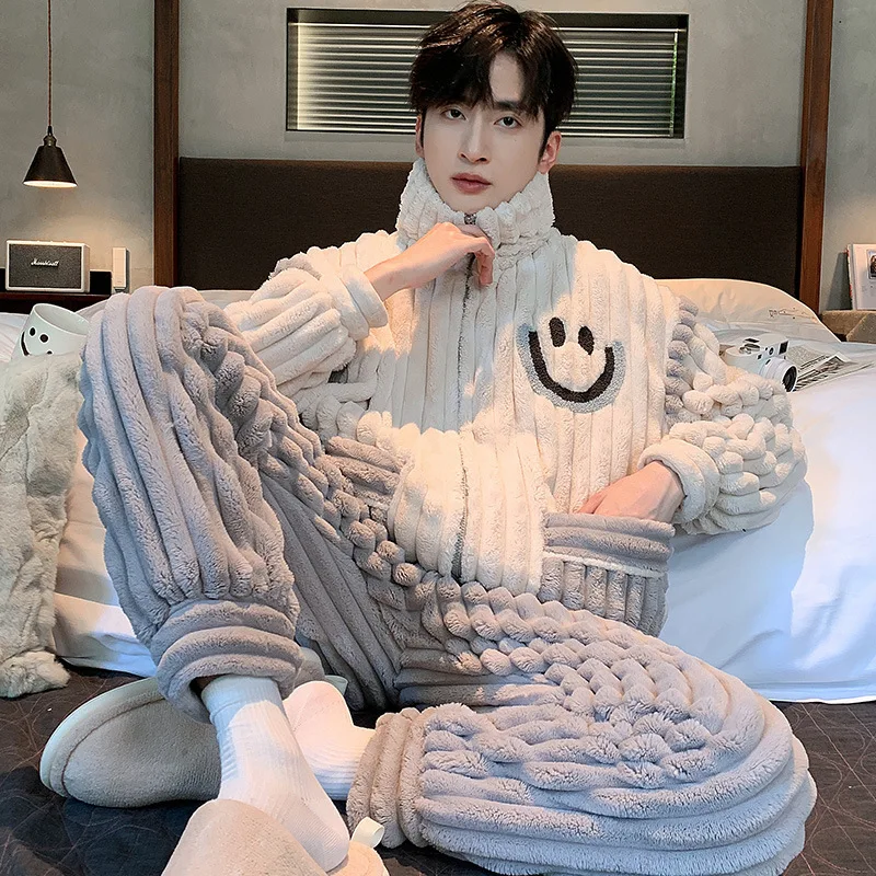 

Coral Fleece Pajamas Men's Winter Thickened Fleece Warm Flannel Young Students Cartoon Men's Loungewear Set