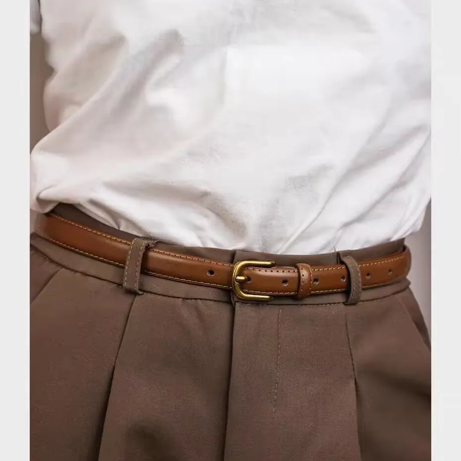 Ремень женский практичный простой джинсовый универсальный повседневный кожаный тонкий винтажный брючный ремень из воловьей кожи