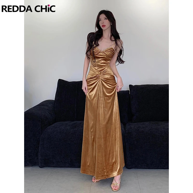 

Вечернее платье ReddaChic в стиле ретро из золотистого бархата с драпировкой, стрейчевое, на тонких бретельках, макси-платье для коктейльных вечеринок, женская одежда
