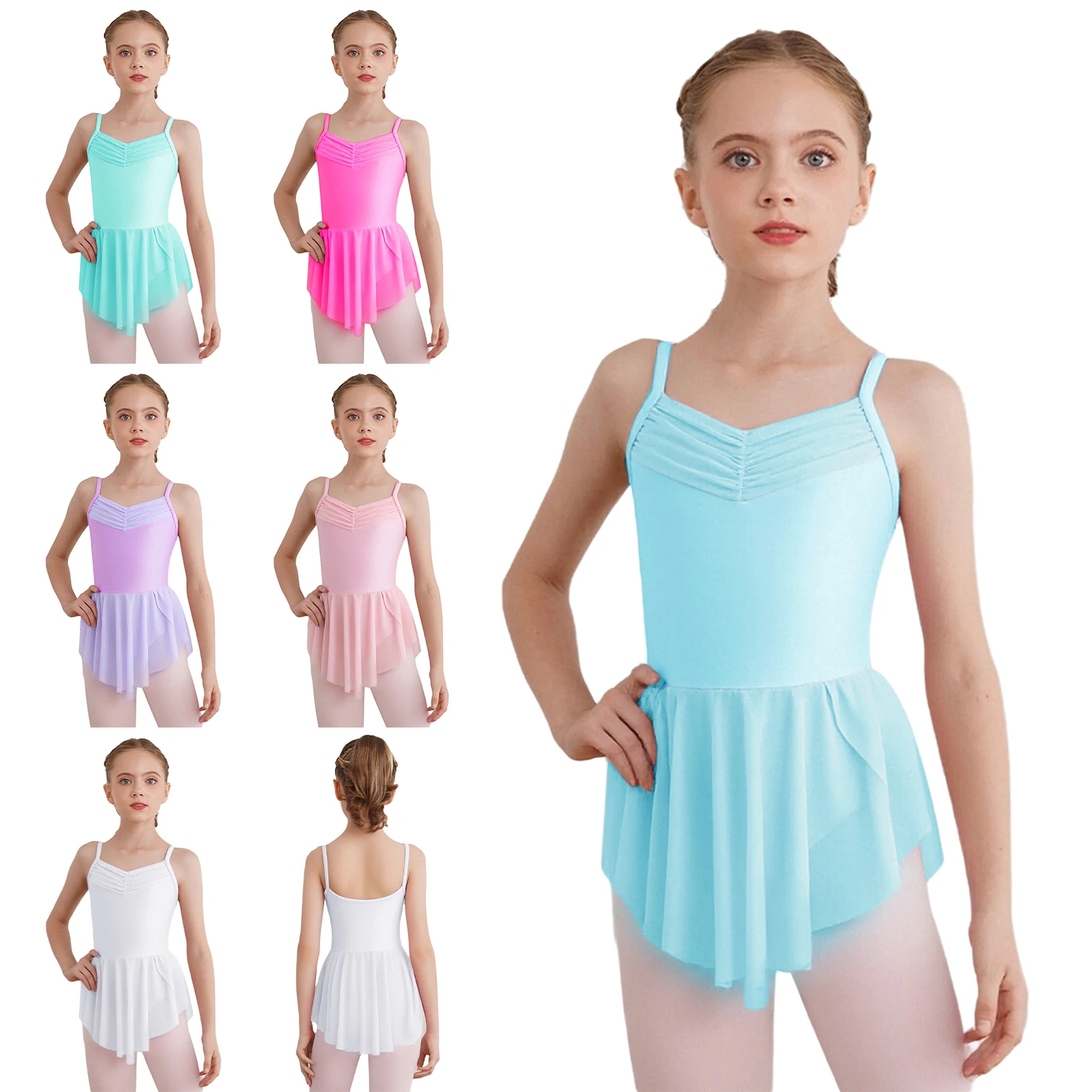 Teen Girls Ballet Dance Tutu Dress V-Neck Spaghetti Straps Leotard for Ballerina Yoga Skating Gymnastics Practice Performance