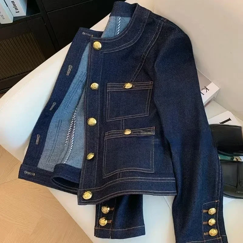 Luxury Spring Autumn Vintage Blue Denim Jacket Women Short Tops Metal Button Jean Coat Bomber Jackets Long Sleeve Outerwear New