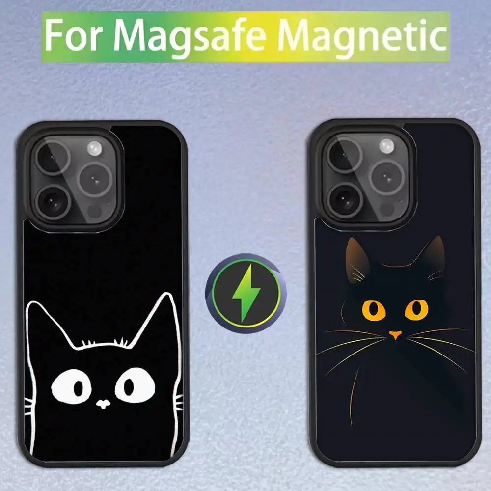 

Cute Cat Line Black Phone Case For iPhone 16,15,14,13,12,11,Pro,Max,Plus,Mini,SE Magsafe Magnetic Wireless Charging