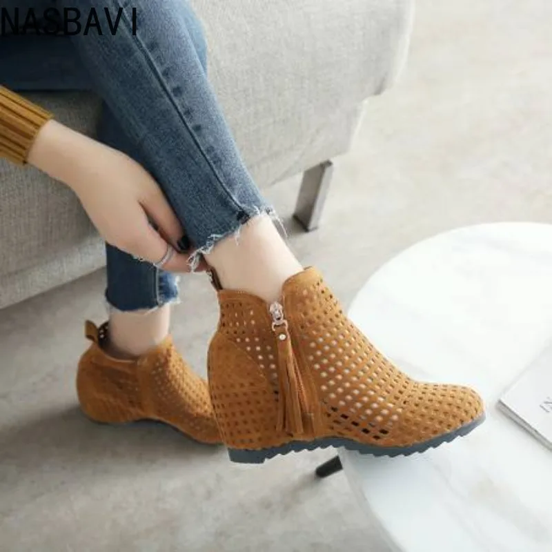 

NASBAVI Women Boots Flat Hidden Wedges Cutout Ankle Boots Casual Shoes Cute Booties Woman Spring Lady Boots Womens Fashion Heels