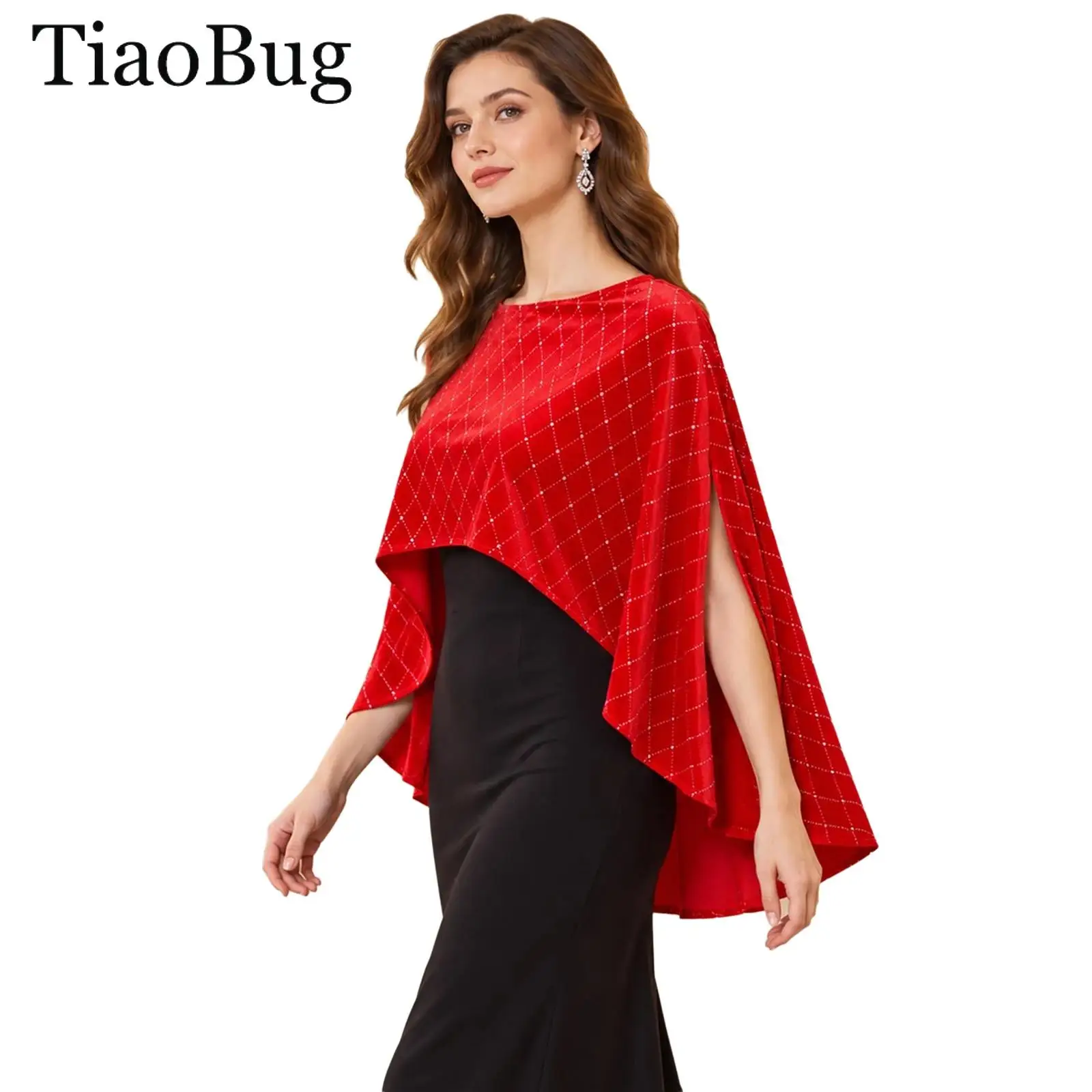 Women Christmas Velvet Shawls Capes Metallic Rhombus Side Split Asymmetrical Hem Wraps Pullover Top for Wedding Evening Party