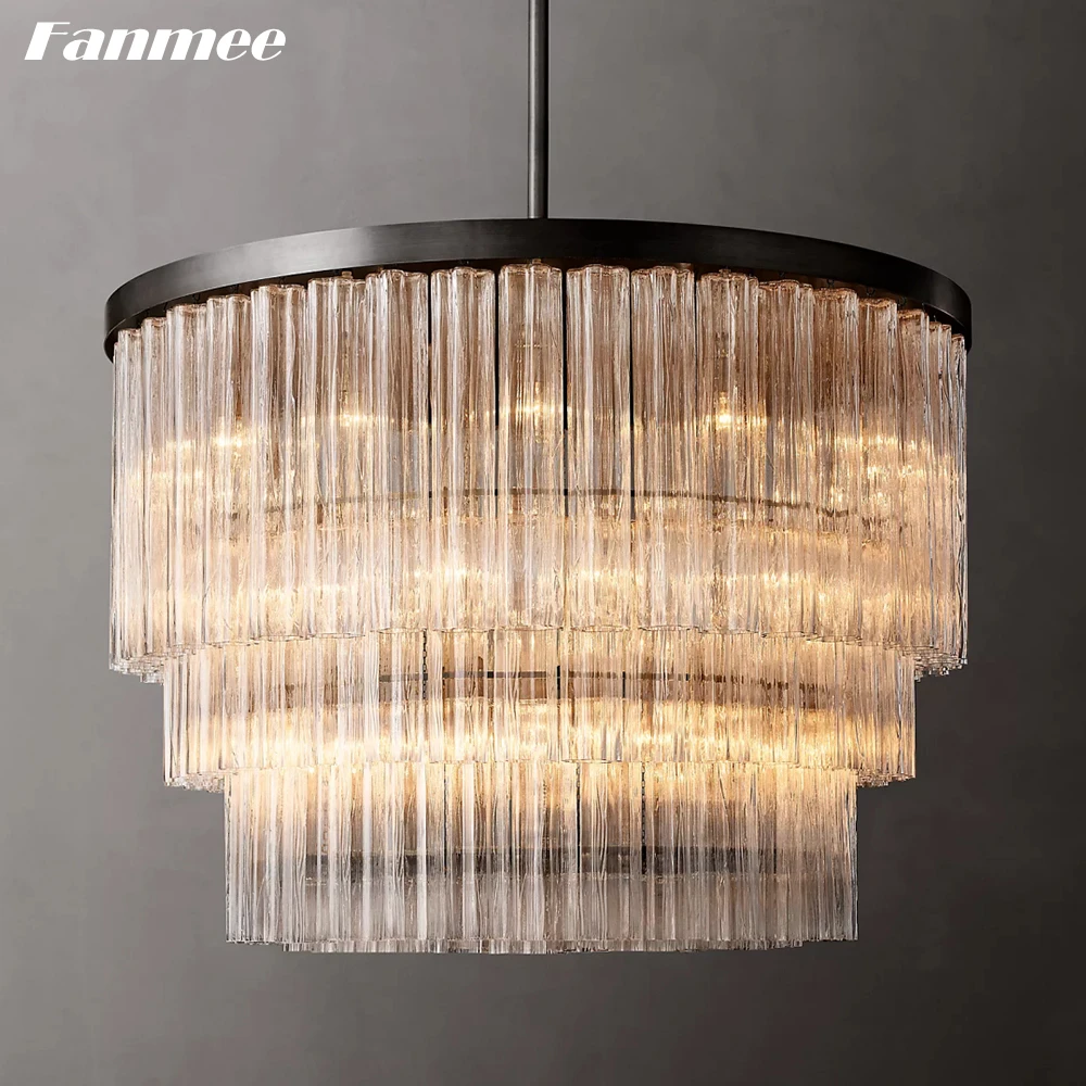 Modern Black Chandelier Lighting for Living Room Three Tiers Glass Cielo Round Chandelier Luxury Bedroom Hanging Light Fixture