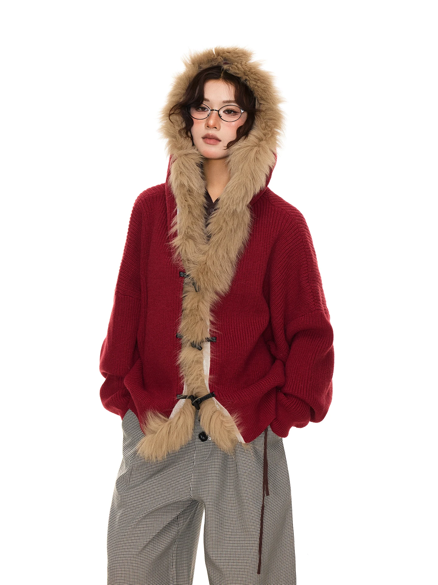 

Chen Zhanlao Store American Retro Large Fur Collar Lazy Hoodie Knitted Sweater Women Autumn Winter Button Cardigan Coat
