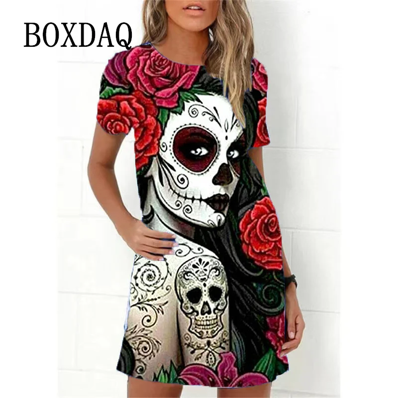 Vintage Skull 3D Print Dress Women Summer Sundress Short Sleeve Hip Hop  Horror Hot Sale Casual Dress Harajuku Oversized Clothes