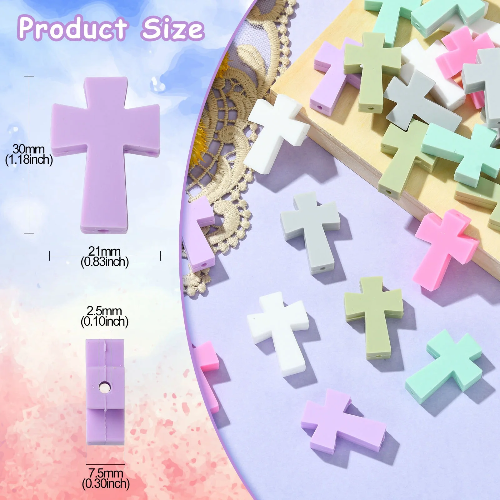 Pandahall 30Pcs 6 Colors Easter Cross Silicone Beads Religion Crucifix Holy Focal Beads for Jewelry Making Supplies