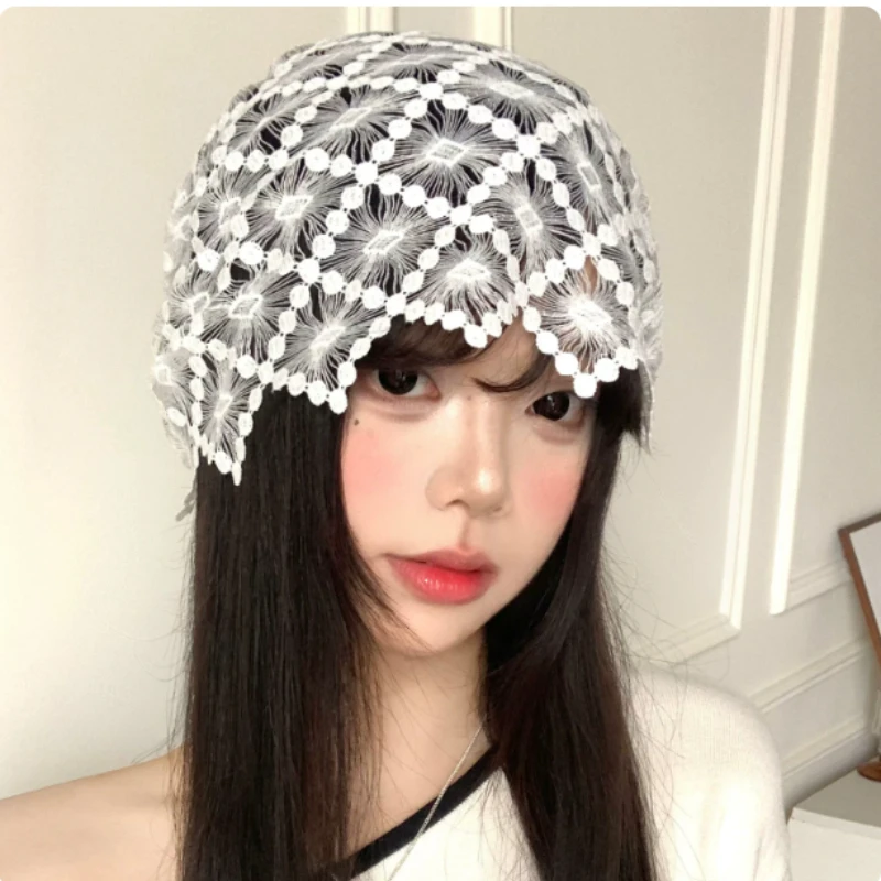 2026 New White Lace Hollow Pullover Hat for Women Summer Street Fashion Thin Breathable Irregular Drawstring Beanie Cap