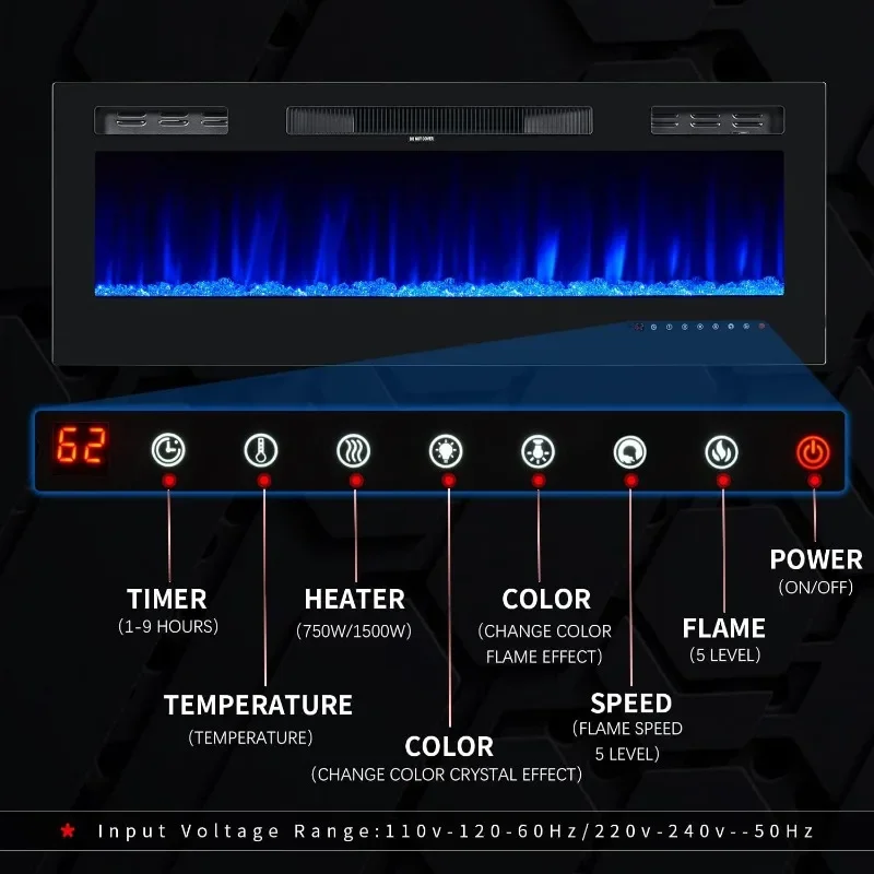 oneinmil Electric Fireplace, 50 inch Wide Recessed/Wall Mounted Electric Fireplace, Remote Control with Timer